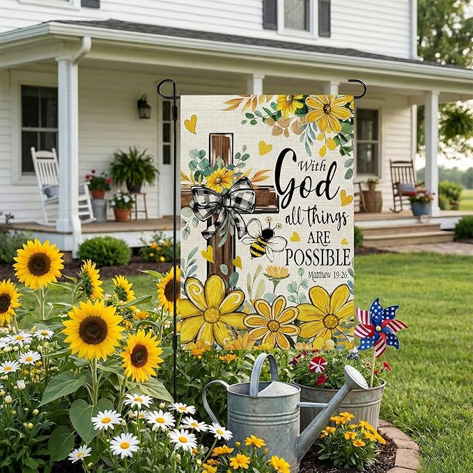 CROWNED BEAUTY Summer Garden Flag Floral Cross God 12x18 Inch Double Sided Small Yellow Seasonal Holiday Decoration for Outside Yard
