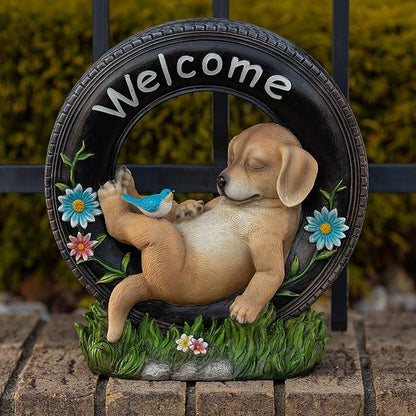 VP Home Chillaxing Welcome Puppy Dog Solar Powered LED Garden Light Welcome Chillax Puppy Statue Outdoor Funny Figurine Decor for Patio, Yard, Lawn
