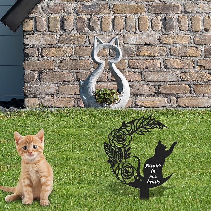 Rngmsi Pet Grave Markers Cat, Metal Memorial Plaques for Outdoors Garden Yard, Pet Grave Marker Decor Gifts Graveyard Remembrance Graveside Burial Stake for Pet Owner