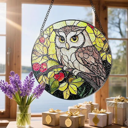 Stained Glass Window Hanging, 8 Inch Owl Suncatcher Stained Glass Ornament, Suncatchers for Windows Hanging, Sun Catchers Indoor Window, Owl Gifts, Gifts for Bird Lovers, Mom Gift