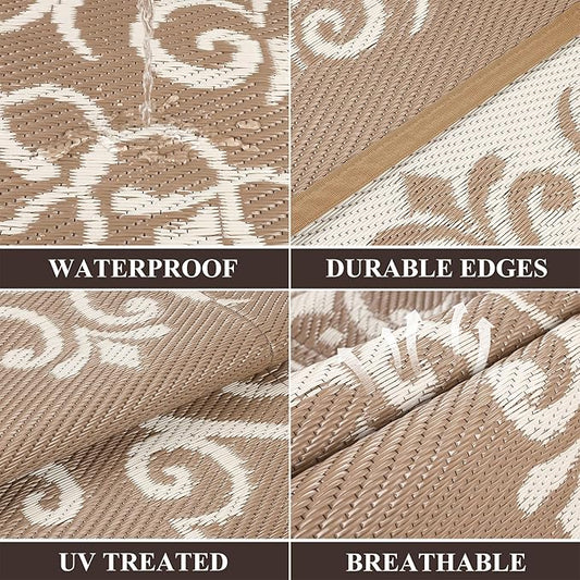 Pauwer Waterproof Outdoor Rug 9x12, Reversible Plastic Straw Patio Camping Rug, Indoor Outdoor RV Mat Carpet for Deck, Camper, Porch, Balcony, Backyard, Picnic, Floral Brown