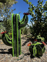 Colorful Metal Saguaro Cactus with Flowers - Handmade Garden Decor (Green)