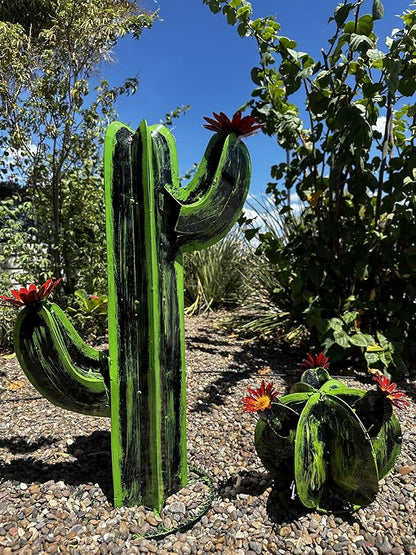 Colorful Metal Saguaro Cactus with Flowers - Handmade Garden Decor (Green)