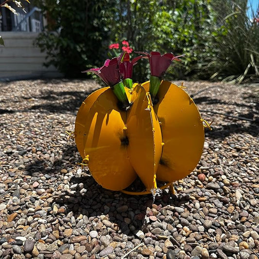 Handmade Metal Bisnaga Cactus with Flowers - Garden Art Decor (Yellow)