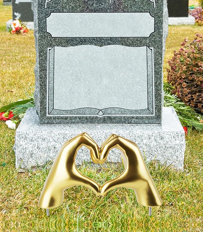 FlidRunest Cemetery Grave Heart Hands Sculpture with Metal Ground Plug, Headstone Resin Heart Gesture Hands for Graves, Grave Decorations, Memorials, and Sympathy Gifts for the Loss of Loved Ones Gold