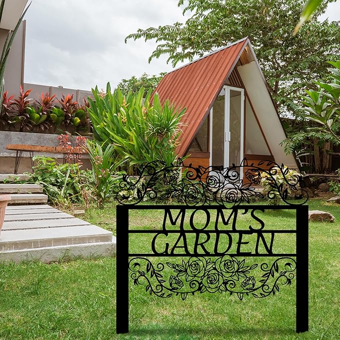 Custom Metal Garden Sign with Flowers, Personalized Garden Metal Stake with Rose, Flower Garden Name Decor, Custom sign for Outside, Customized Gardening Decoration, Yard Art, Gift for Mom, Grandmom