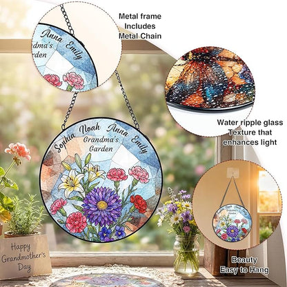 Personalized Mothers Day Stained Glass Gifts for Grandma, Custom Flower Windows Hanging with Kids Name, Suncatcher Ornament Decor Mom Gift from Daugher