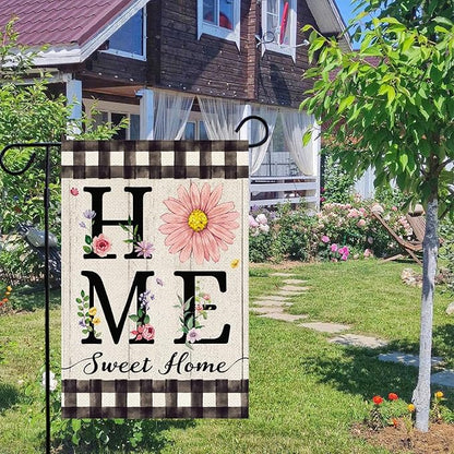 ORTIGIA Spring Summer Daisy Garden Flag Burlap Double Sided Home Sweet Home Floral Flower Small Flag Farmhouse Buffalo Plaid Floral Yard Lawn Patio Outside Outdoor Seasonal 12.5x18 Inch