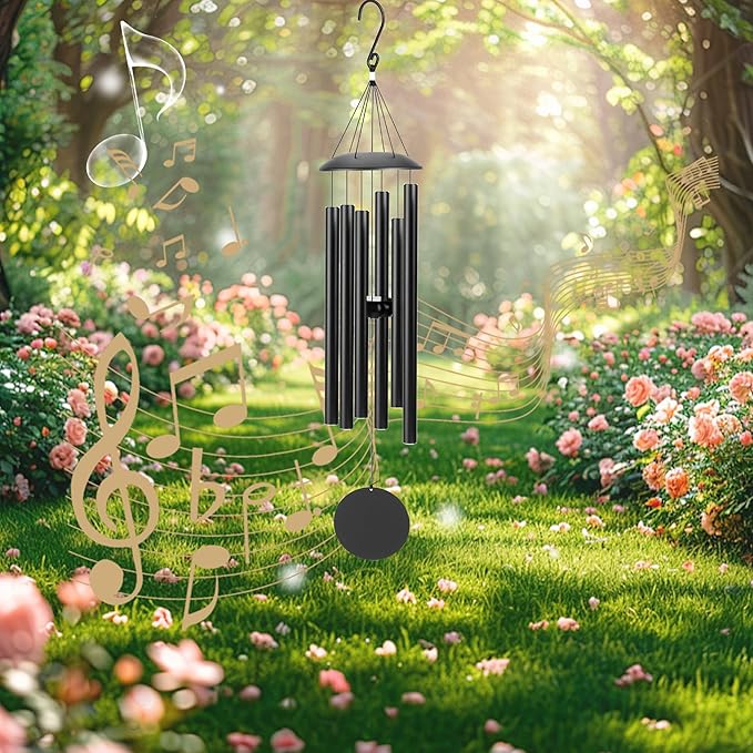 Wind Chimes for Outside with Classic Sound, Coolest Aluminium Metal Windchimes Outdoors with Pine Wood Striker, Unique Gift for Mom, Garden Decoration(28" Black Thick)