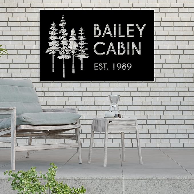 Personalized Metal Cabin Wall Art, Custom Pine Tree Metal Sign, Last Name Sign for Outdoor, Farmhouse Decor, Forest Design Family Name Sign, Mountain House Sign, Over Fireplace Art, Housewarming Gift