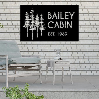 Personalized Metal Cabin Wall Art, Custom Pine Tree Metal Sign, Last Name Sign for Outdoor, Farmhouse Decor, Forest Design Family Name Sign, Mountain House Sign, Over Fireplace Art, Housewarming Gift