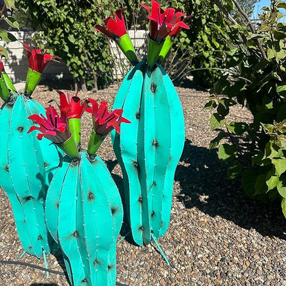 Handmade Metal Peanut Cactus with Flower - Garden Art (Turquoise (21 inches))