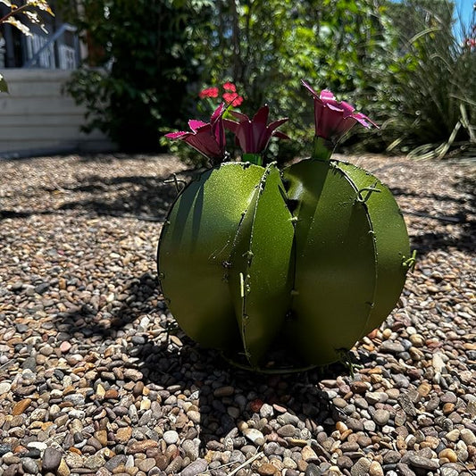 Handmade Metal Bisnaga Cactus with Flowers - Garden Art Decor (Olive)