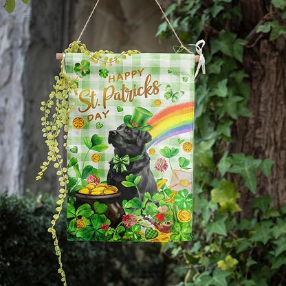 Black Lab St Patricks Day Garden Flag Labrador Dog St Patrick's Day Yard Flags for Outside 12x18 Double Sided Buffalo Plaid Shamrock Flag Small Outdoor Rainbow St Patrick's Decor
