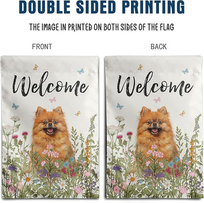 Spring Summer Garden Flag Floral Pomeranian Yard Flag Flower Dog Garden Flags for Outside Small Outdoor Welcome Flags 12x18 Double Sided