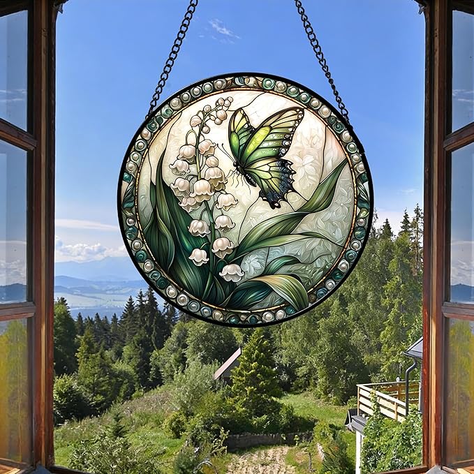 DASTOLL Stained Glass Window Hanging, Lily of the Valley Flower Butterfly Suncatcher for Doors Home Sun Catchers Decoration and Christmas, Mother's Day Birthday Gifts for Women, Men, Mom 9.8 in