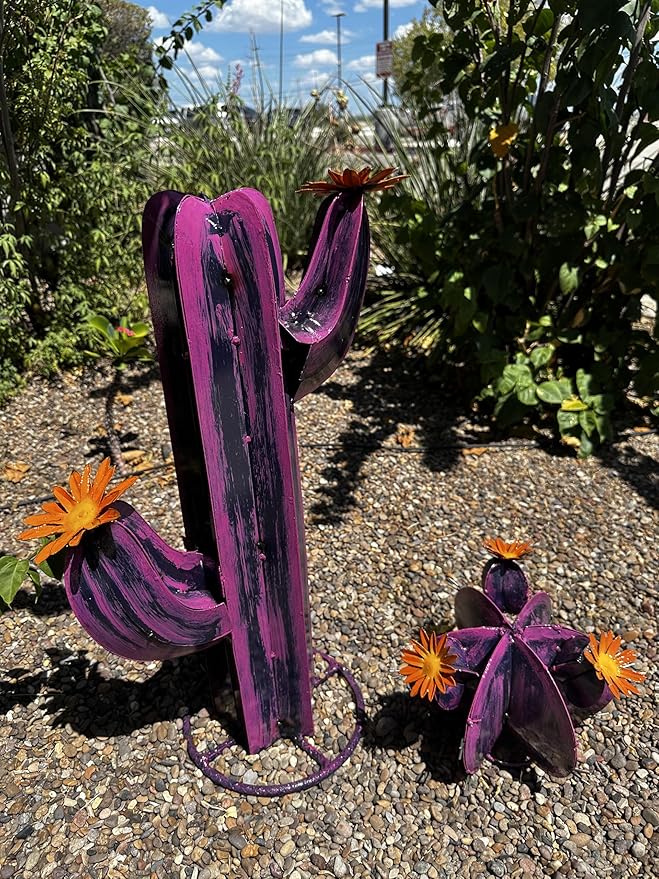Colorful Metal Saguaro Cactus with Flowers - Handmade Garden Decor (Purple)
