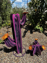 Colorful Metal Saguaro Cactus with Flowers - Handmade Garden Decor (Purple)