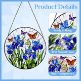 Stained Glass Window Hanging Iris Flower Suncatcher, Renyalora 10 Inch Round Glass Sun Catcher for Window Outdoor Garden Decor Butterfly Wall Art for Home, Patio, Porch Gift for Nature Lovers & Women
