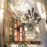 Bookshelf Acrylic Suncatcher Colorful Window Hanging Ornament for Book Lovers Sun Catcher Panel for Home Decor Car Garden Gift Book and Blossom Teacup Suncatcher