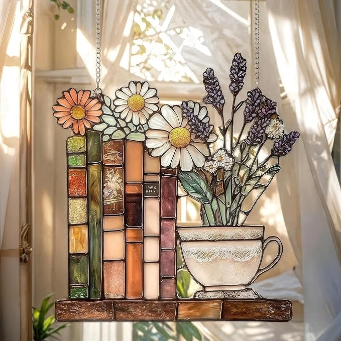 Bookshelf Acrylic Suncatcher Colorful Window Hanging Ornament for Book Lovers Sun Catcher Panel for Home Decor Car Garden Gift Book and Blossom Teacup Suncatcher