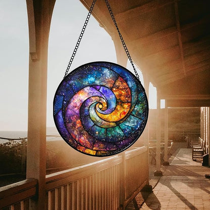 Stained Glass Window Hanging, Blue Orange Starry Sky Sun Catcher for Door Terrace Garden Home Decor, Abstract Universe Suncatcher Birthday Gifts for Lovers Women Men Dad Mom Nana 15 in