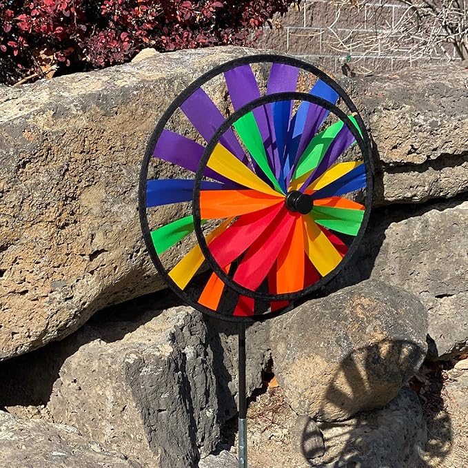 In the Breeze 13-Inch Double Wheel Rainbow Spinner, Outdoor Ground Décor, 2683