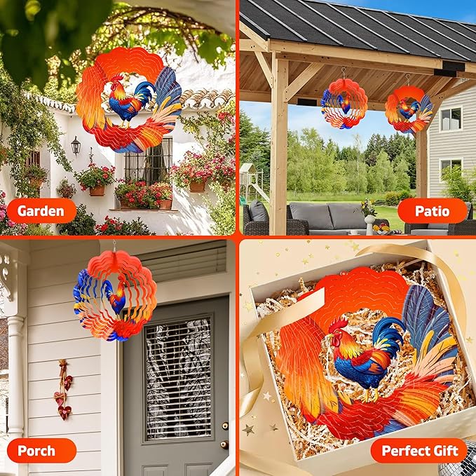 Rooster Metal Wind Spinner for Garden, Chicken Gifts for Women Men Mother Father, 12 Inch Hanging Wind Spinner for Outdoor & Indoor Decorations