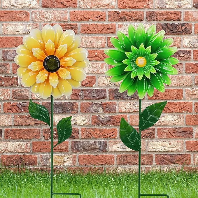 Metal Retro Flower Wind Spinner Art, Guangxie Yard Decorations Outdoor - 2 Pack for Outdoor, Patio, Backyard and Flower Bed Spring Decor (Yellow & Green)