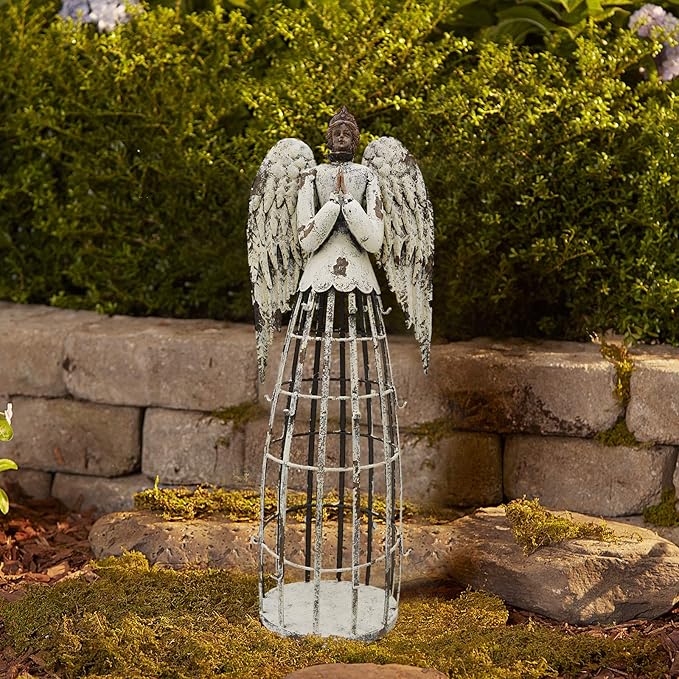Antiqued Praying Metal Garden Angel Statue with Hooks, Indoor Outdoor Angel Yard Art Decor Lawn Patio Decorations Holiday Decor Garden Gift Idea, 22'’H (Rusty Praying Angel)