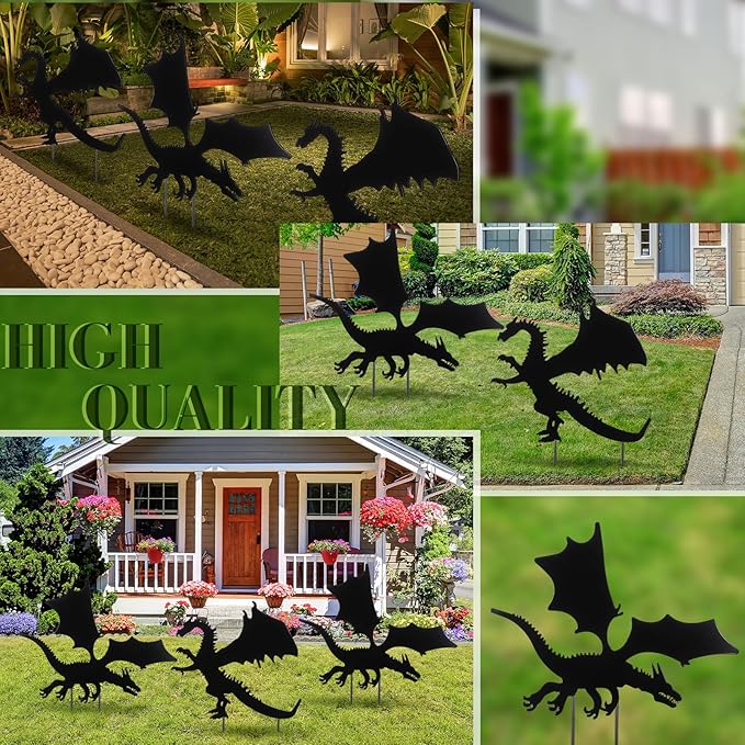MorningRo 2 Pcs Dragon Outdoor Yard Sign Metal Garden Stake Decorative Dragon Black Art Silhouette Iron Stakes Statues for Patio Lawn Ornament Pathway Decor Lover Gifts Women Men
