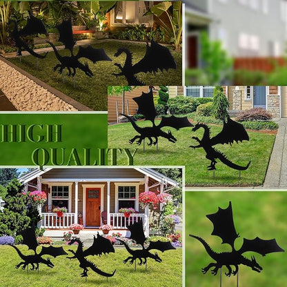 MorningRo 2 Pcs Dragon Outdoor Yard Sign Metal Garden Stake Decorative Dragon Black Art Silhouette Iron Stakes Statues for Patio Lawn Ornament Pathway Decor Lover Gifts Women Men