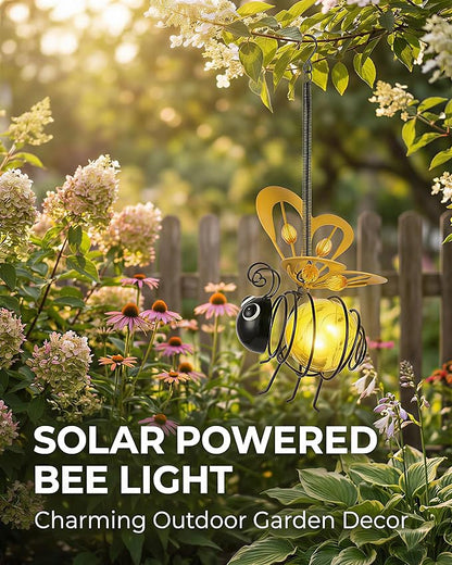 Solar Hanging Bee Light – Outdoor Metal Garden Decor with LED Glow, Yellow Body – Waterproof Solar Powered Insect Ornament for Yard, Tree, Porch, Patio – Gift for Women, Bee Lovers (Bee, 1)