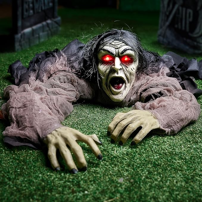 JOYIN Halloween Zombie Decorations Outdoor, Halloween Groundbreaker Outside Decor, Hanging Zombie Prop with Green Face and Lighted Eyes for Graveyard, Haunted House, Lawn, Yard, Indoor Decor