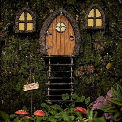 Fairy Door and Windows for Trees – Glow in The Dark Yard Art Sculpture Decoration for Kids Room, Wall and Trees Outdoor | Miniature Fairy Garden Outdoor Decor Accessories with Secret Garden Sign