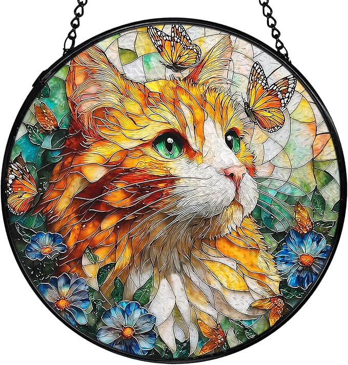 Cat Flower Suncatcher Stained Glass Window Hanging, Butterfly Floral Orange Cat Sun Catchers Indoor Window Glass Wall Art Decor, Kitten Floral Wall Hanging Decor, 7.9x7.9 Inch 035-MH-BLGH