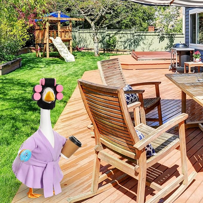 Shyyween Spring Lady Porch Goose Outfit for 23'' Cement Plastic Lawn Goose Summer Statue Clothes Bathrobe Coffee Cup Curlers for Outdoor Garden Yard Patio Decoration(Light Purple)