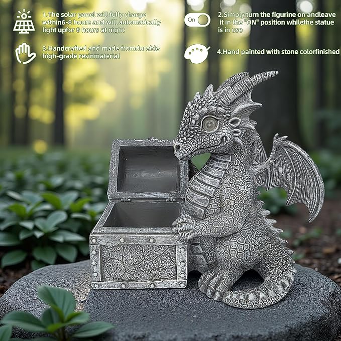 Solar Dragon Statue Light - Resin Garden Decor Sculpture, Weatherproof & Auto-On, Perfect for Lawn, Patio, Yard, (Birthday/Christmas/Valentine’s/Thanksgiving)