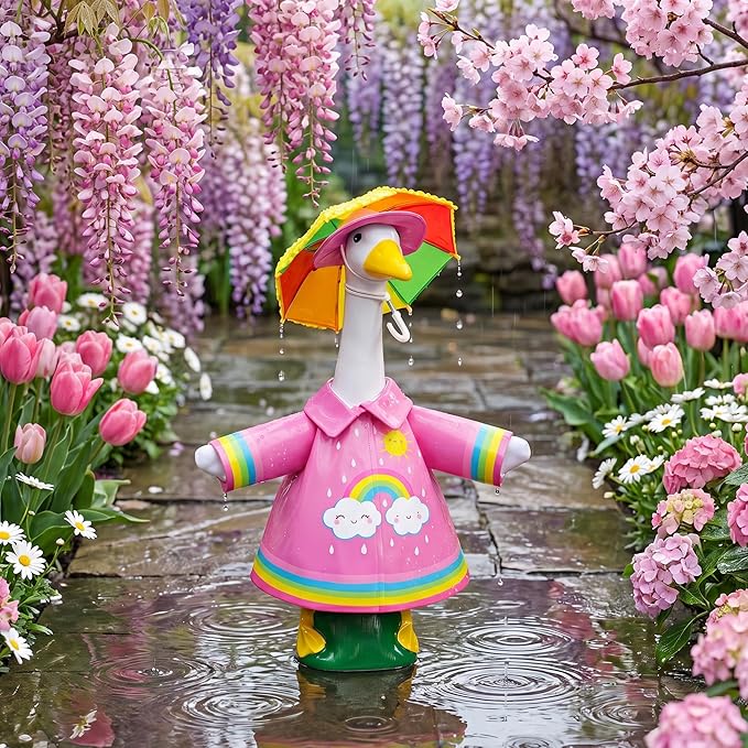 DECOHS 3 Pcs/Set Raincoat Porch Goose Outfits, Summer Lawn Goose Statue Raincoat Costume, Yard Goose Clothes Raincoats Umbrella Hat Outfit for 23" Statue Patio Garden Decoration (Rosy Rainbow)