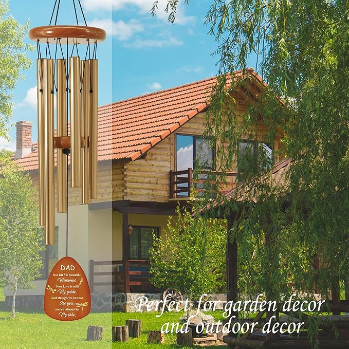 Dad Memorial Sympathy Wind Chimes for Outside, Dragonfly Wind Chimes for Loss of Father for Bereavement/Condolence/Funerary Gift Idea,32inch Wooden,Brown