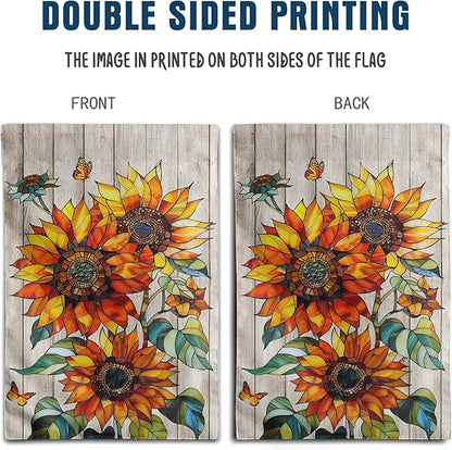Stained Glass Sunflower Fall Garden Flag Autumn Flower Yard Signs for Outside 12x18 Double Sided Small Thanksgiving Monarch Butterfly Banner Outdoor Farmhouse Decorations