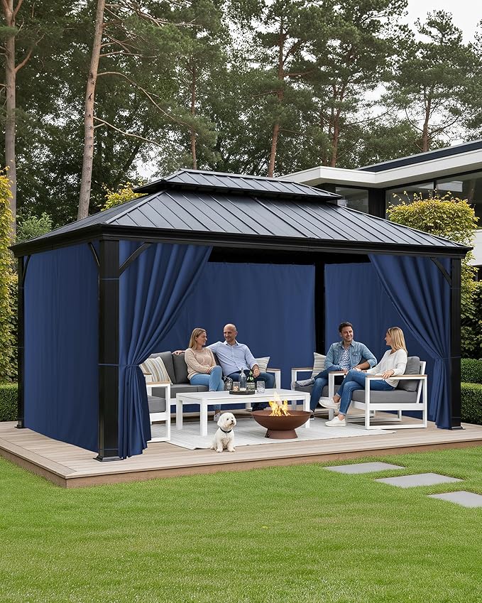 Gazebo Universal Replacement Privacy Curtains - 10'Wx12'Lx7'H Gazebo Curtains Outdoor Waterproof, 4 Panels Sidewall Drapes with Zipper for Patio Pergola Garden Backyard, Navy
