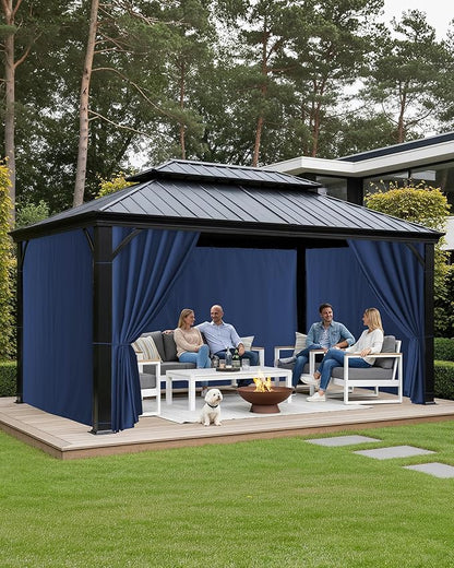 Gazebo Universal Replacement Privacy Curtains - 10'Wx12'Lx7'H Gazebo Curtains Outdoor Waterproof, 4 Panels Sidewall Drapes with Zipper for Patio Pergola Garden Backyard, Navy