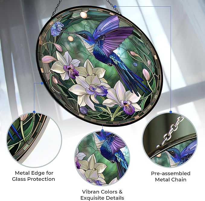 Hummingbird Stained Glass Window Hanging,Hummingbird Sun Catchers Indoor Window Decor,Suncatchers for Windows Hanging, Stained Glass suncatcher Gifts for Women, Christmas