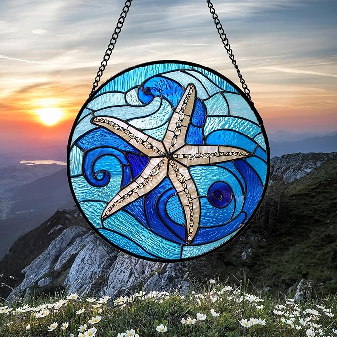 DASTOLL Stained Glass Window Hanging 4 Pcs Set Blue Ocean Waves Large 15" - Starfish Crab Seal Suncatcher Door Garden Sun Catcher Decor Birthday for Mom Woman Nana Men Friend