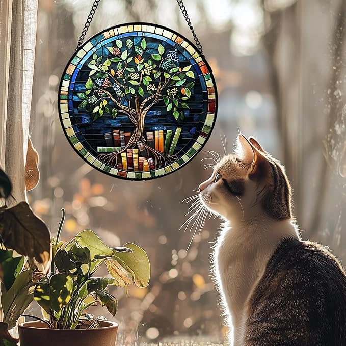 Stained Glass Window Hanging Green Life Tree Berry Book 7.8" - Blue Suncatcher Door Garden Sun Catcher Home Decor Birthday Christmas for Mom Men Woman Nana Friend