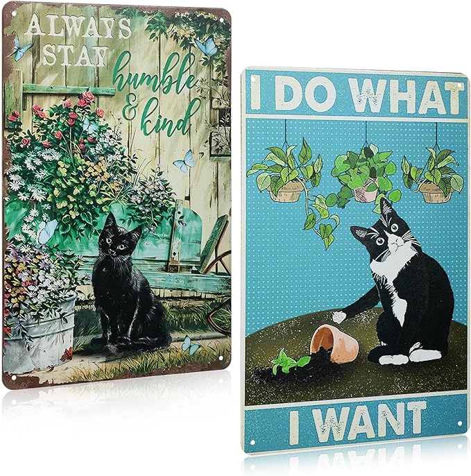 MorningRo 2 Pcs Funny Metal Tin Garden Sign 12'' x 8'' Gifts for Plant Lovers Women Grandma Mom Garden Decor Metal Tin Sign for Farmhouse Greenhouse Patio Yard Wall Decor Indoor Outdoor(Cute Cat)