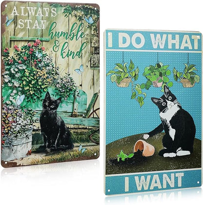 MorningRo 2 Pcs Funny Metal Tin Garden Sign 12'' x 8'' Gifts for Plant Lovers Women Grandma Mom Garden Decor Metal Tin Sign for Farmhouse Greenhouse Patio Yard Wall Decor Indoor Outdoor(Cute Cat)