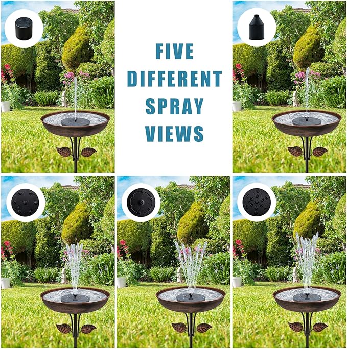 Solar Bird Bath Fountain Pump 6.3" | Floating Solar Fountain with 7V 1.4W Panel | Solar Water Pump for Bird Bath, Pond, Garden & Outdoor Water Features | 5 Spray Patterns