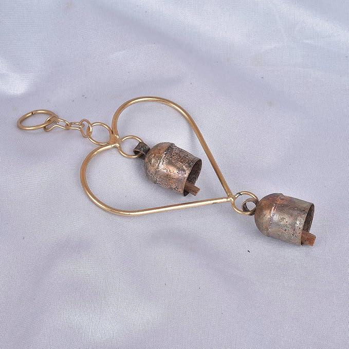 Rustic Metal Heart Bell Wind Chime – Heart-Shaped Decorative Bell with Antique Brass Finish – Hanging Indoor Outdoor Farmhouse Decor – Valentine's Gift or Garden Accent 8.5 x 3.75 Inch